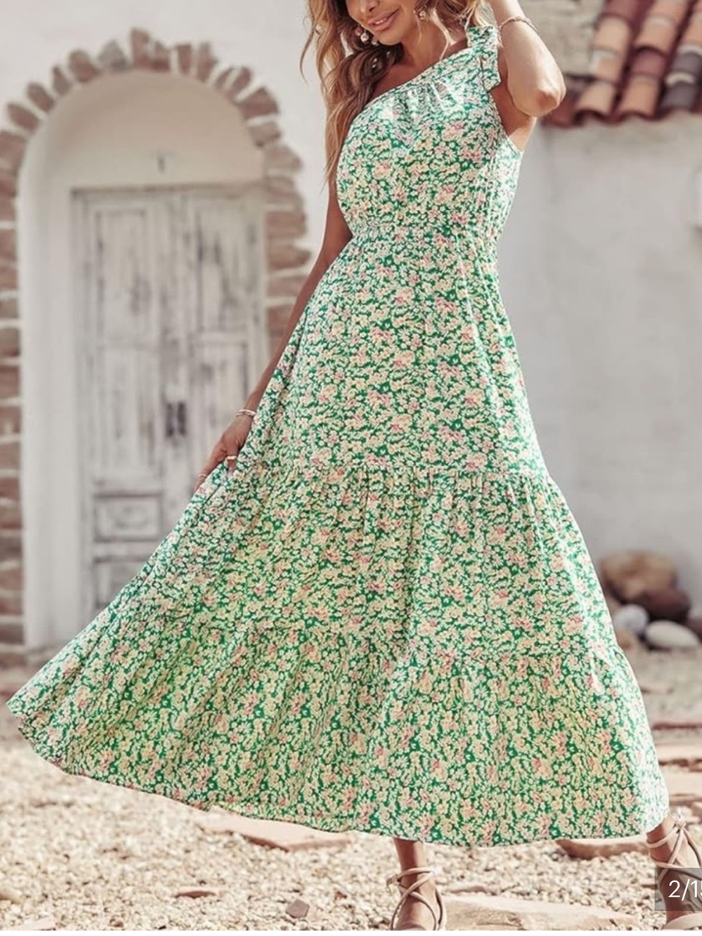 Green Floral One-Shoulder Maxi Dress